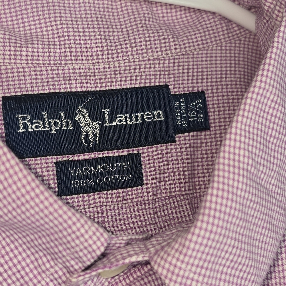 Ralph Lauren Dress Shirt Men 16.5 32/33 Purple Gingham Long Sleeve Green Pony - Picture 5 of 6
